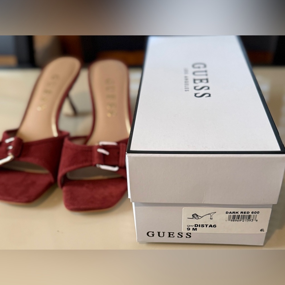 Guess Women's Dista Buckle Kitten Heel Dress Suede Sandals Dark Red Size 9M - Picture 8 of 9